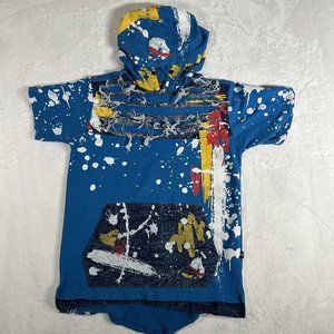 Encrypted Hooded Denim Blue Shirt 90s Style Paint Splatter Design Size M